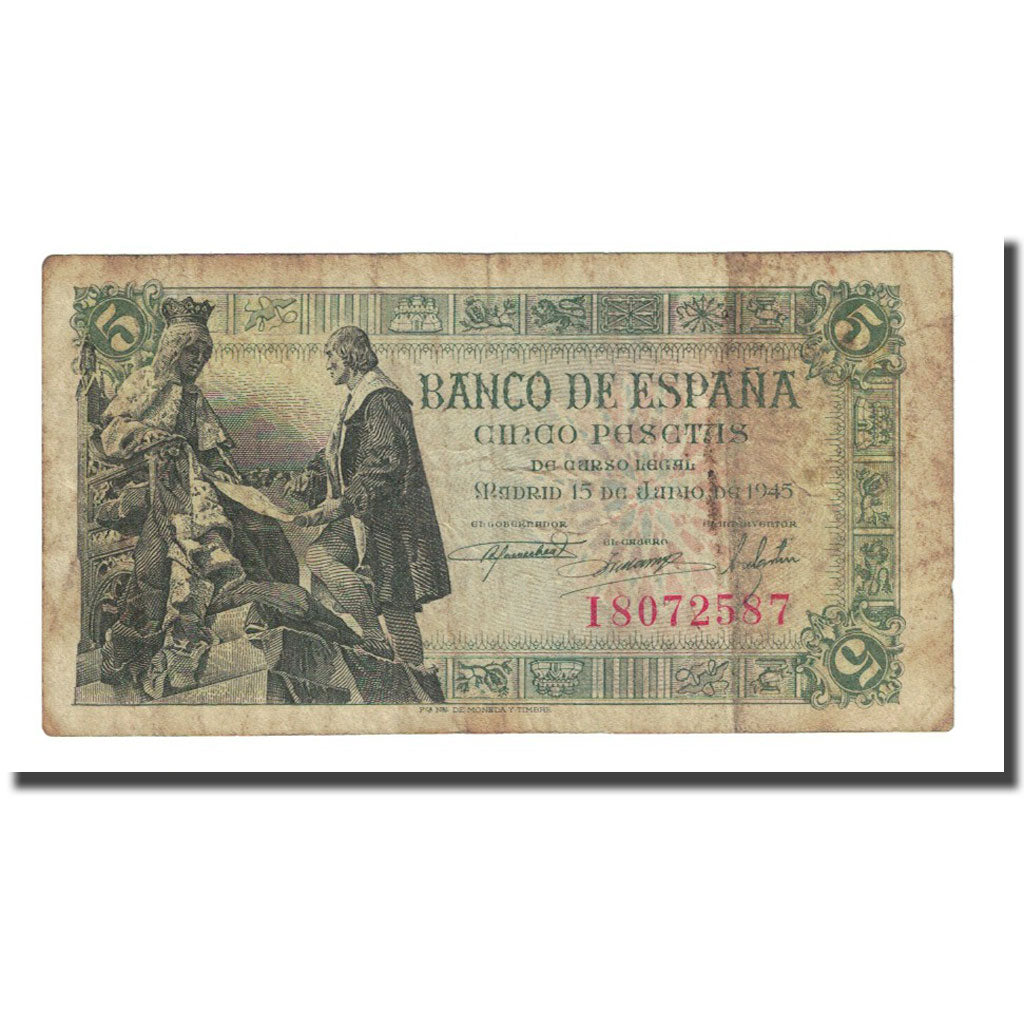 Banknot, Hiszpania, 5 Pesetas, 1945-06-15, KM:129a, VF(20-25)