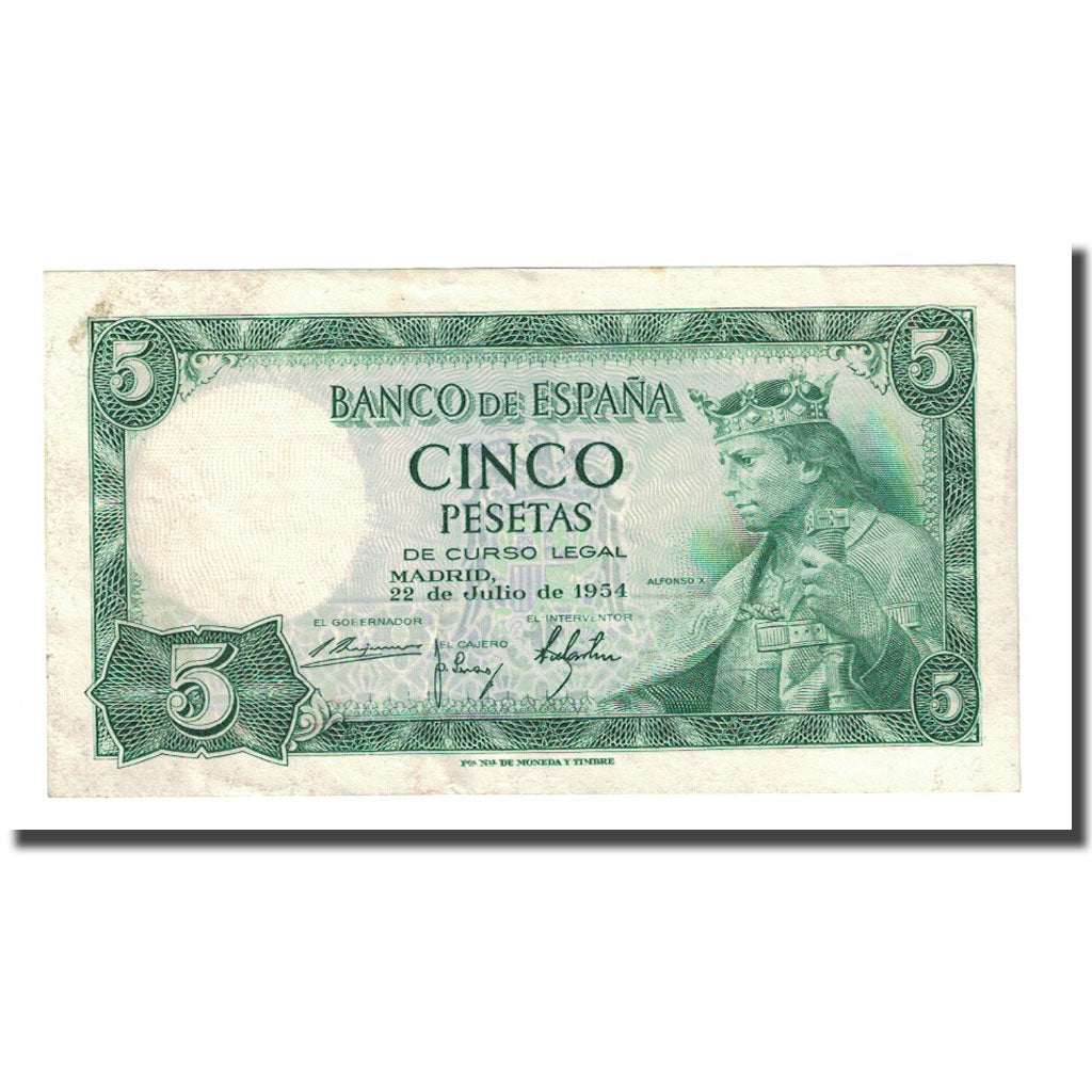 Banknot, Hiszpania, 5 Pesetas, 1954-07-22, KM:146a, AU(55-58)