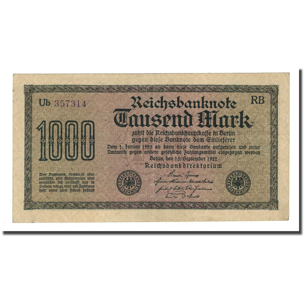 Banknote, Germany, 1000 Mark, 1922-09-15, KM:76d, AU(55-58)