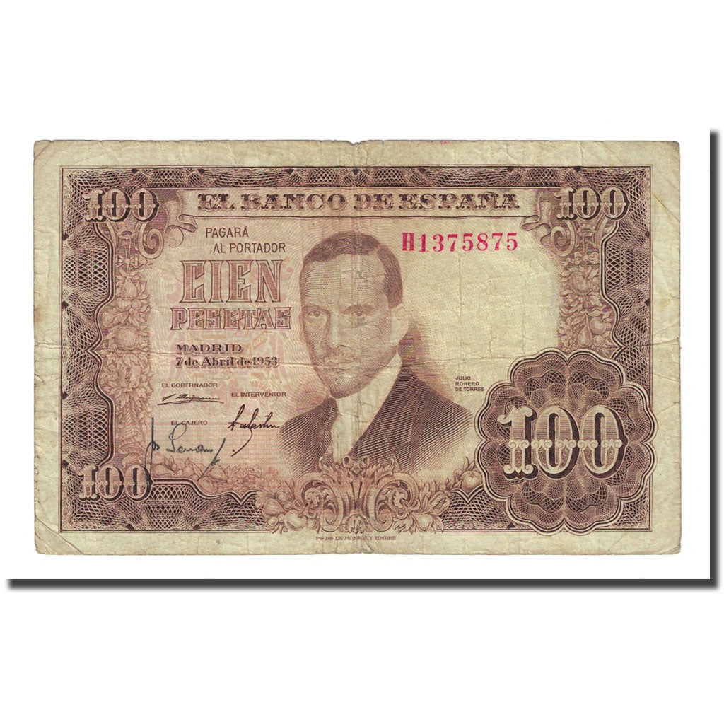 Banconote, Spagna, 100 Pesetas, 1953-04-07, KM:145a, MB