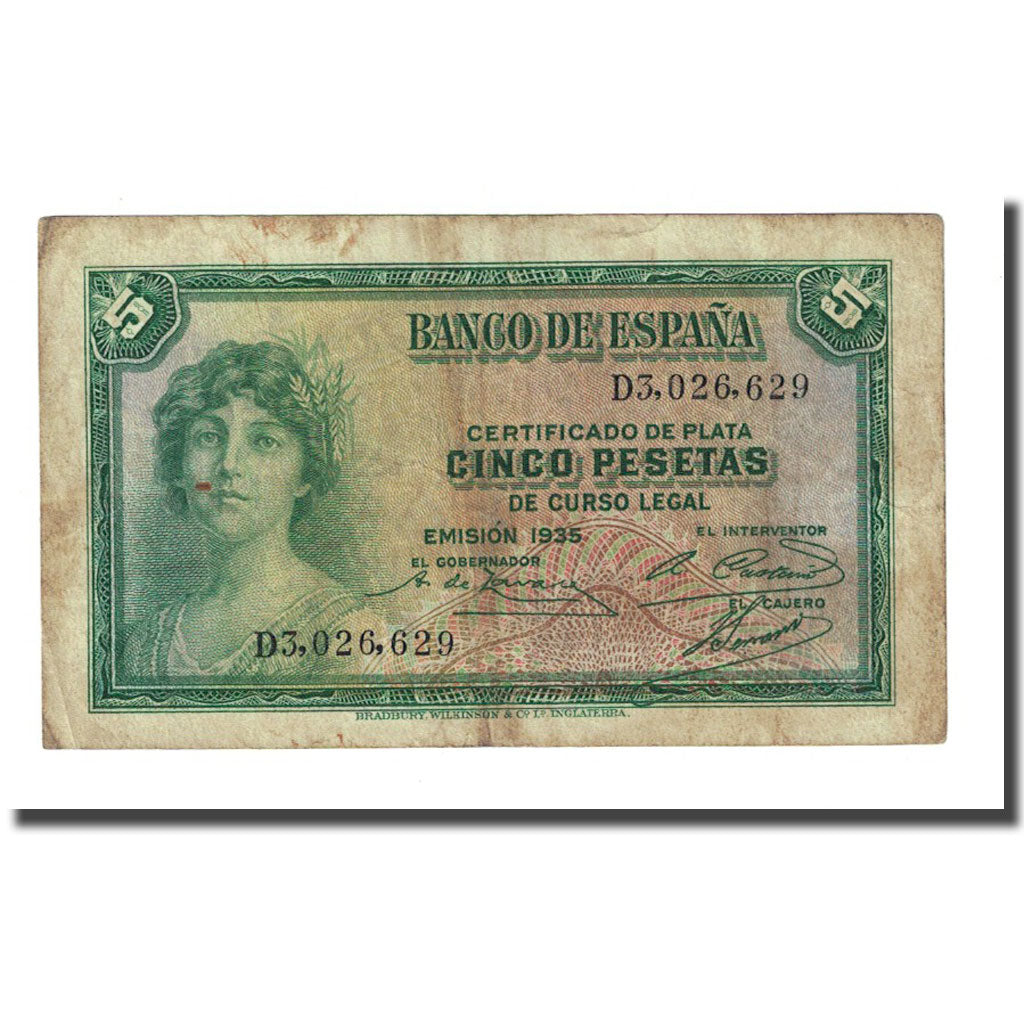 Biljet, Spanje, 5 Pesetas, 1935, KM:85a, TB