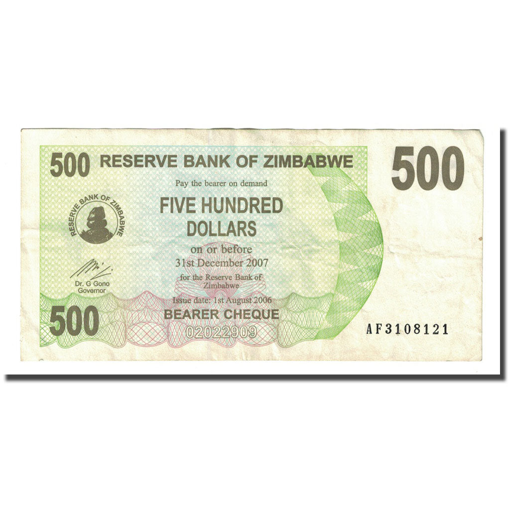 Nota, Zimbabué, 500 Dollars, 2006-08-01, KM:43, EF(40-45)