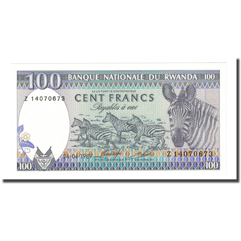 Nota, Ruanda, 100 Francs, 1989-04-24, KM:19, UNC(65-70)