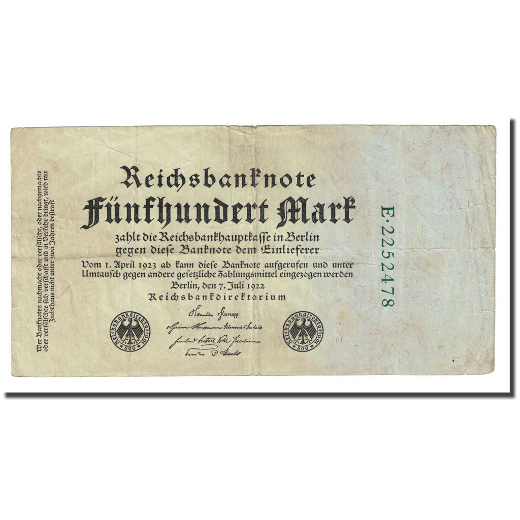 Nota, Alemanha, 500 Mark, 1922-07-07, KM:74b, VF(20-25)