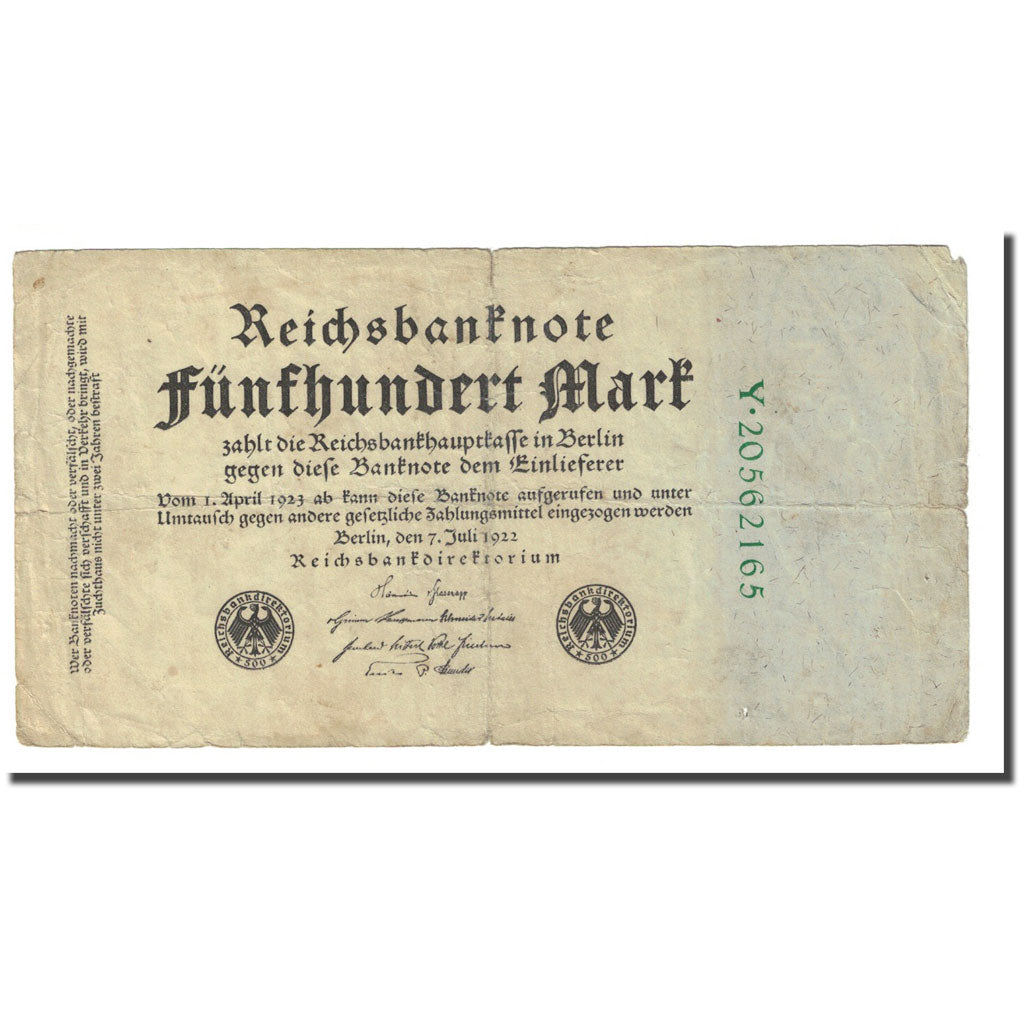 Nota, Alemanha, 500 Mark, 1922-07-07, KM:74c, VF(20-25)
