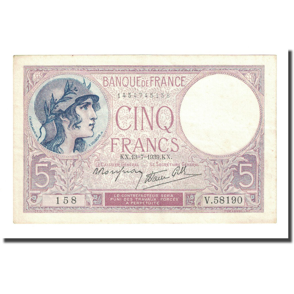 França, 5 Francs, Violet, 1939-07-13, AU(55-58), Fayette:4.1, KM:83