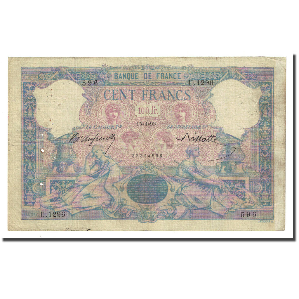 França, 100 Francs, Bleu et Rose, 1893-04-15, VF(20-25), Fayette:21.6, KM:65b
