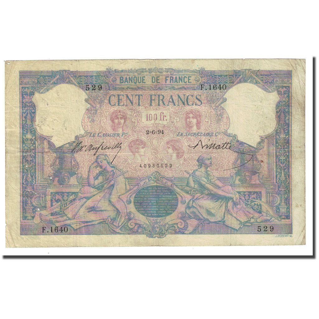 France, 100 Francs, Bleu et Rose, 1894-06-02, VF(20-25), Fayette:21.7, KM:65b