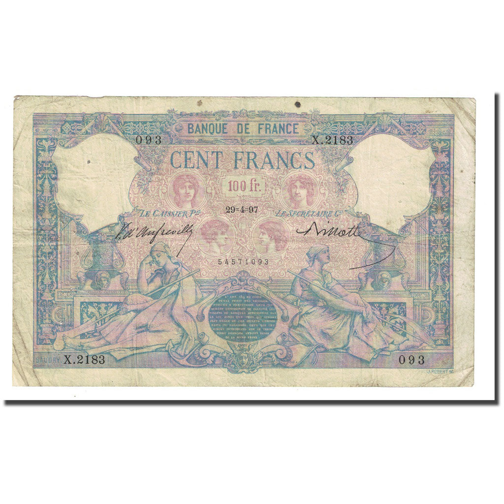França, 100 Francs, Bleu et Rose, 1897-04-29, VF(20-25), Fayette:21.10, KM:65b