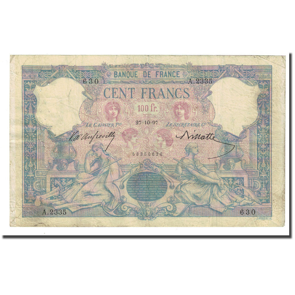 França, 100 Francs, Bleu et Rose, 1897-10-27, VF(30-35), Fayette:21.10, KM:65b