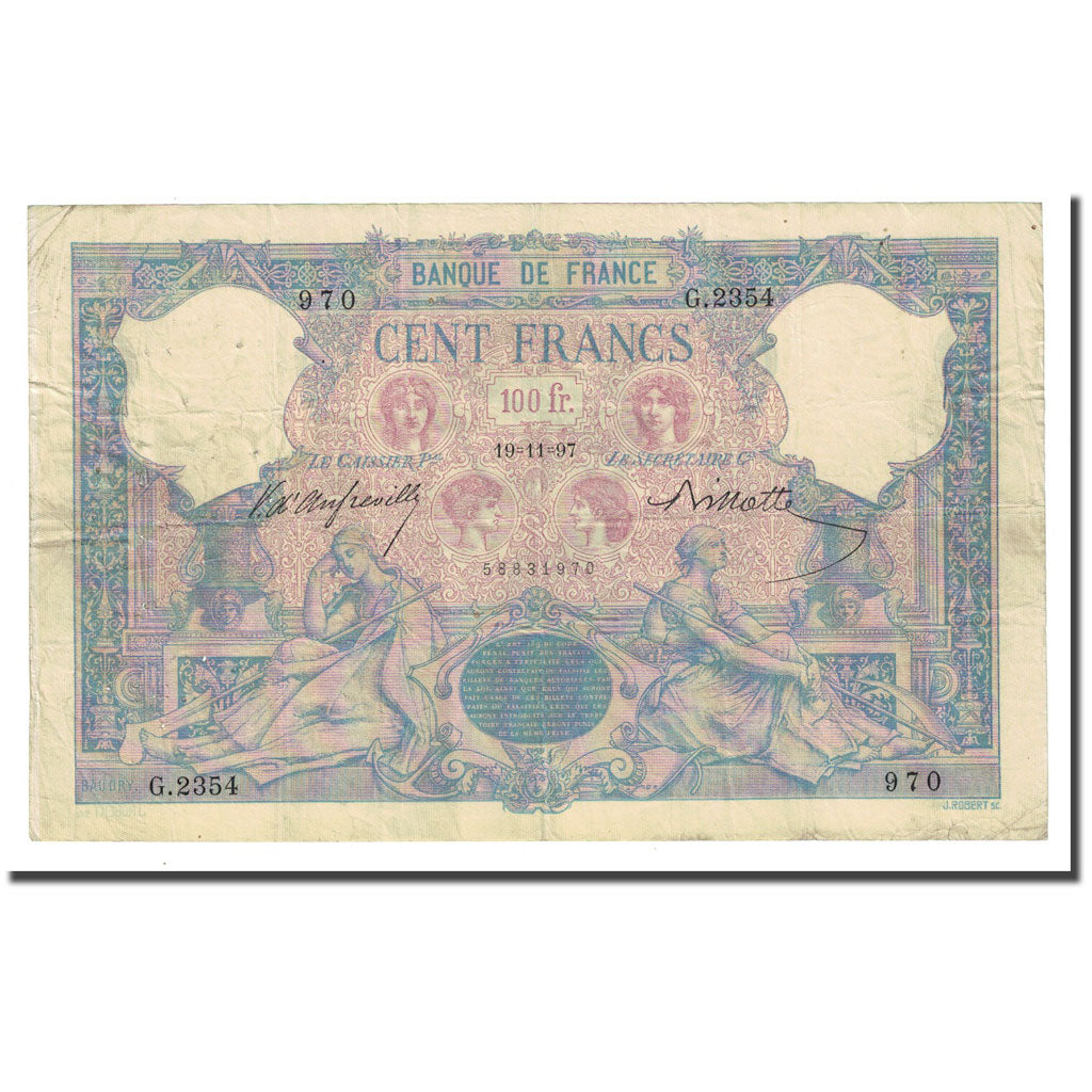 France, 100 Francs, Bleu et Rose, 1897-11-19, VF(30-35), Fayette:21.10, KM:65b