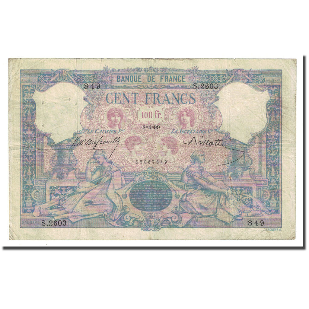 Francia, 100 Francs, Bleu et Rose, 1899-04-08, BC+, Fayette:21.12, KM:65b