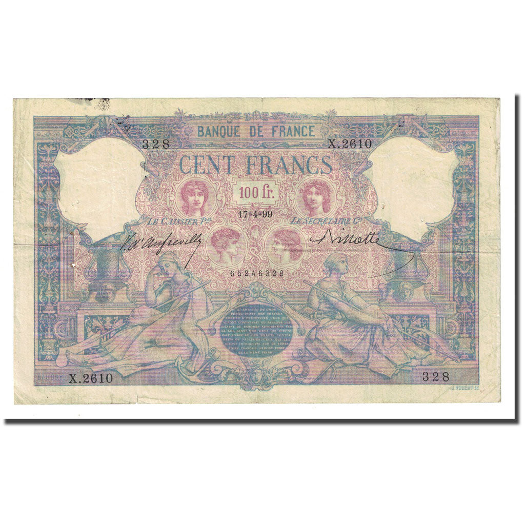 França, 100 Francs, Bleu et Rose, 1899-04-17, VF(30-35), Fayette:21.12, KM:65b