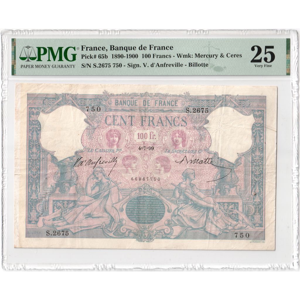 Francia, 100 Francs, Bleu et Rose, 1899-07-04, MBC+, Fayette:21.12, KM:65b