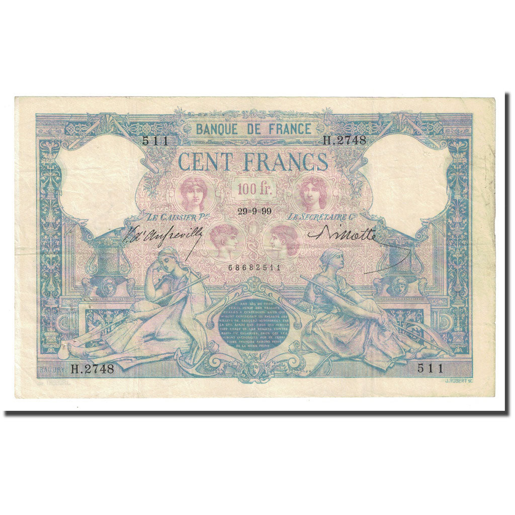 France, 100 Francs, Bleu et Rose, 1899-09-29, AU(50-53), Fayette:21.12, KM:65b