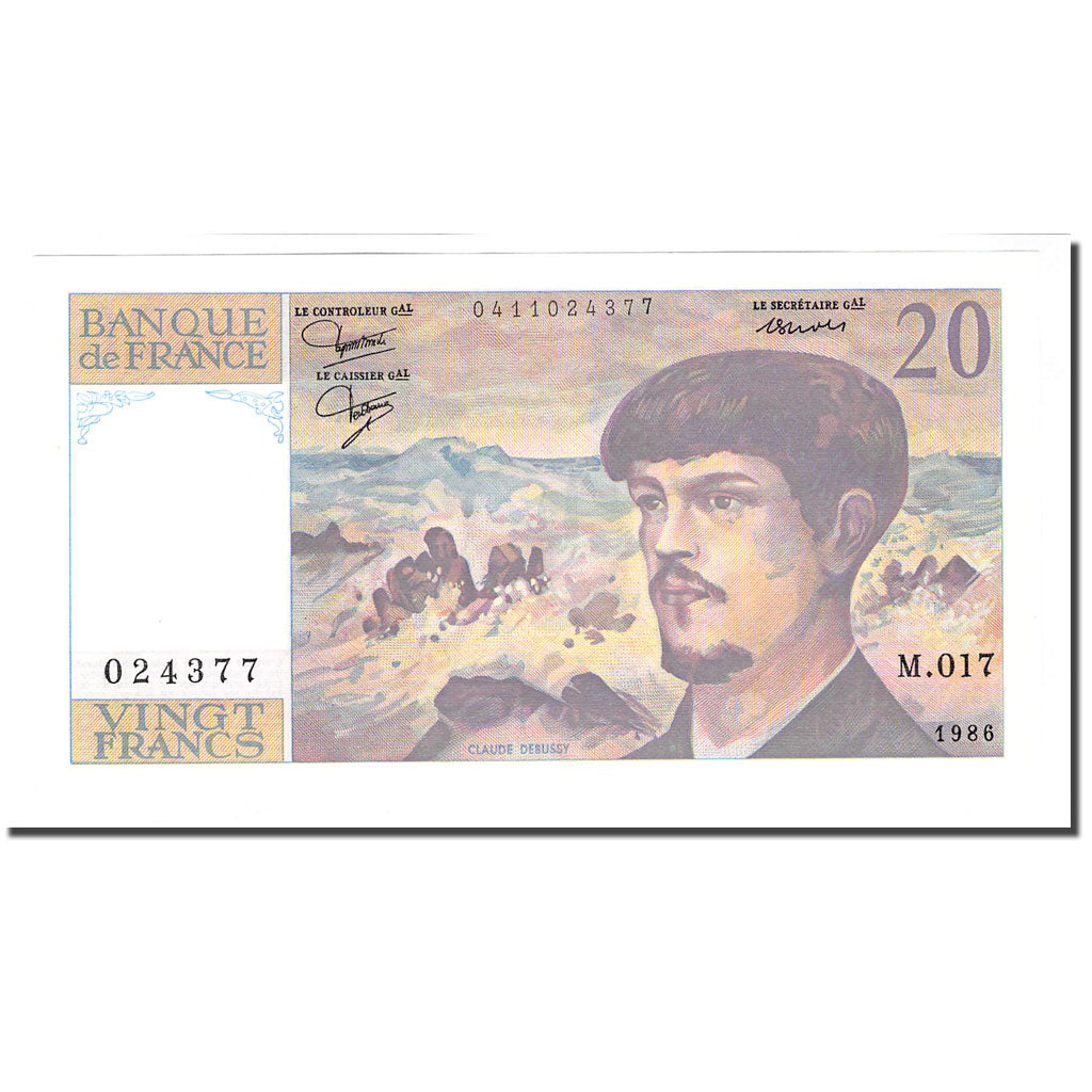 França, 20 Francs, Debussy, 1986, UNC(65-70), Fayette:66.7, KM:151a