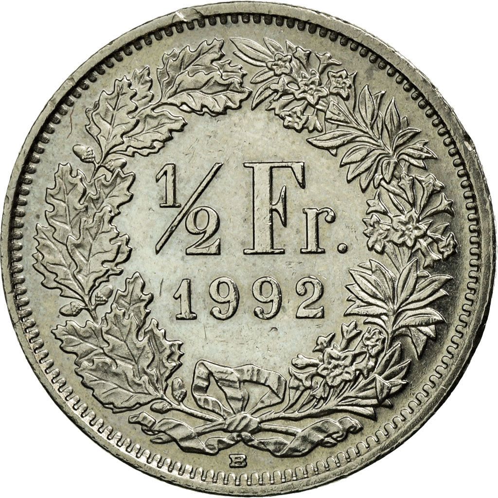 Coin, Switzerland, 1/2 Franc, 1992, Bern, AU(55-58), Copper-nickel, KM:23a.3