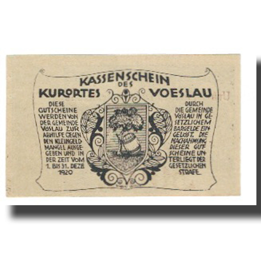 Banknote, Austria, 50 Heller, paysage, 1920, 1920-12-31, VOSLAU, UNC(65-70)