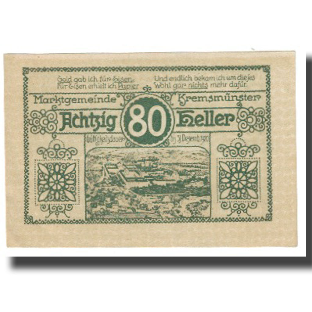 Banknote, Austria, 80 Heller, paysage, 1920, 1920-12-31, KREMSMUNSTER