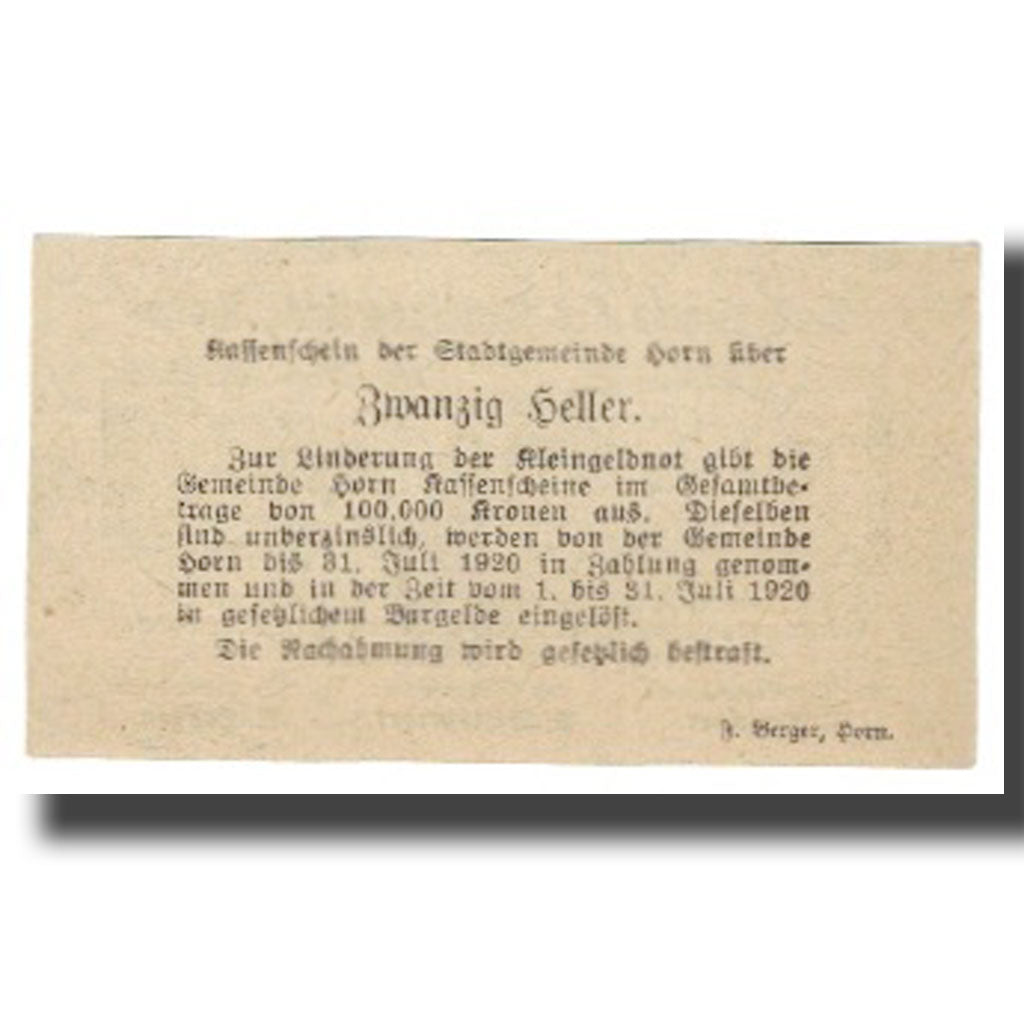 Banknote, Austria, 20 Heller, tour, 1920, 1920-01-25, STADTGEMEINDE, UNC(65-70)