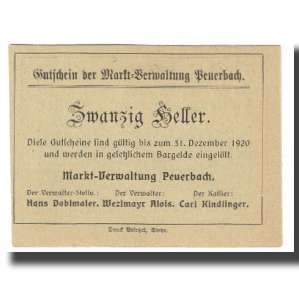 Banknote, Austria, 20 Heller, village, 1920, 1920-12-31, PEUERBACH, UNC(65-70)