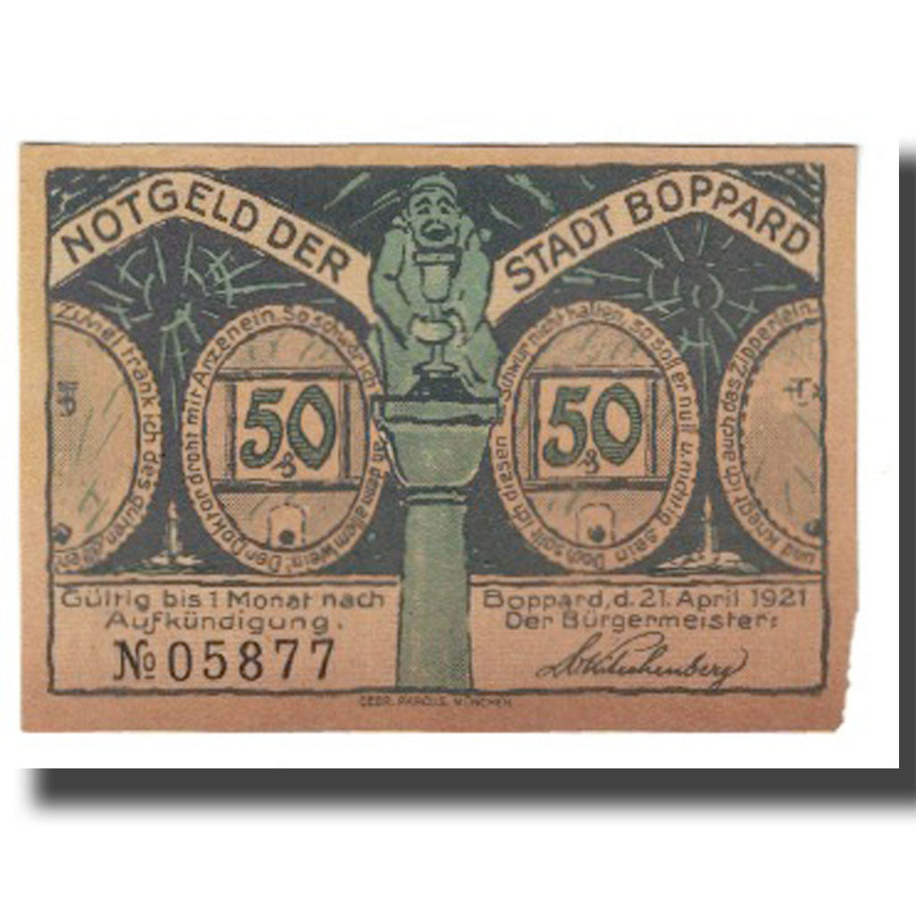 Banknote, Germany, Boppard, 50 Pfennig, personnage, 1921, 1921-04-21, EF(40-45)