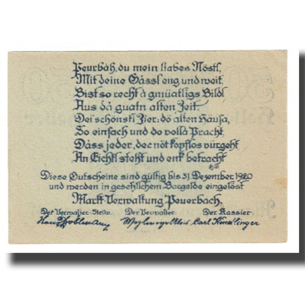 Banknote, Austria, Peuerbach O.Ö. Marktgemeinde, 50 Heller, porte, 1920