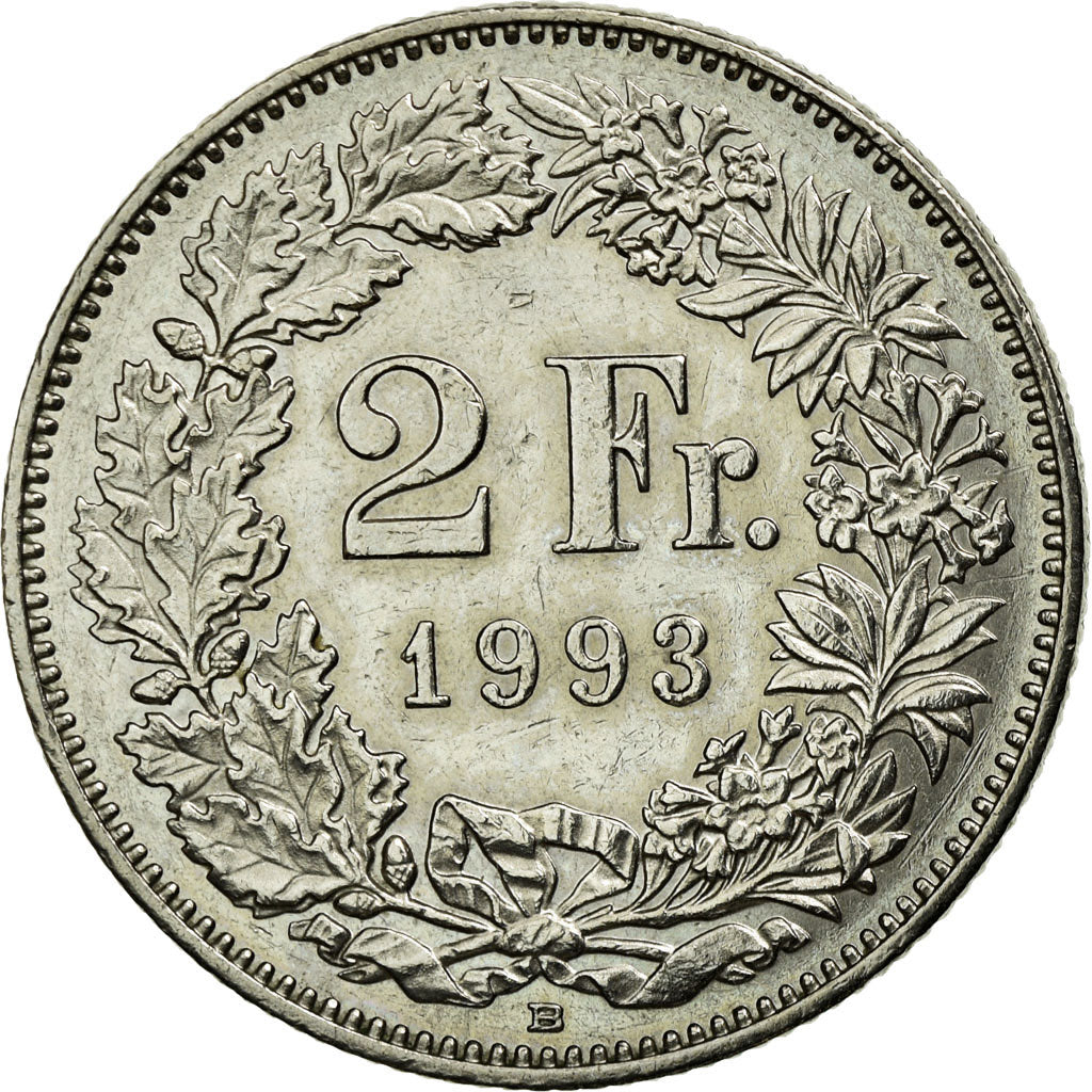 Coin, Switzerland, 2 Francs, 1993, Bern, EF(40-45), Copper-nickel, KM:21a.3