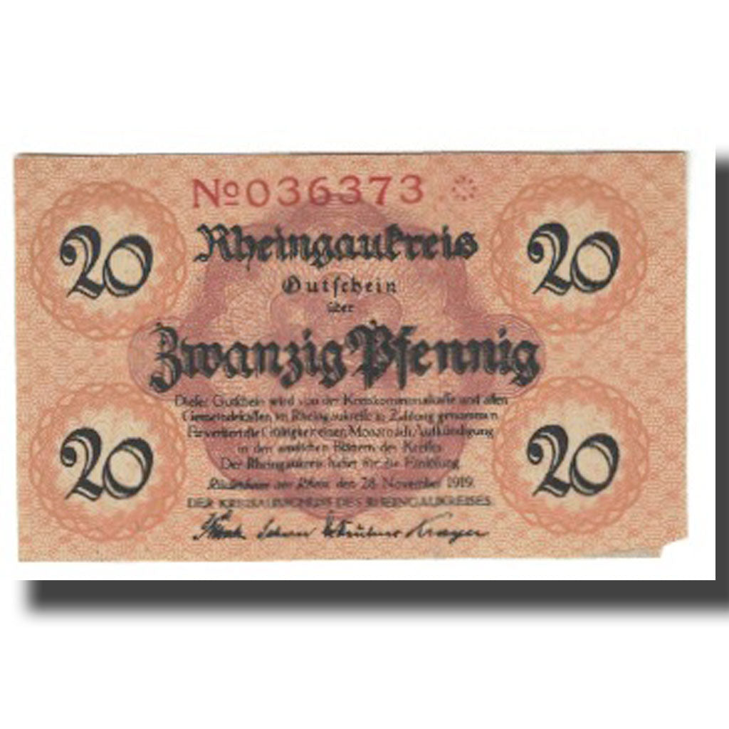 Banknote, Germany, Rheingaukreis Rüdesheim Kreis, 20 Pfennig, château, 1919
