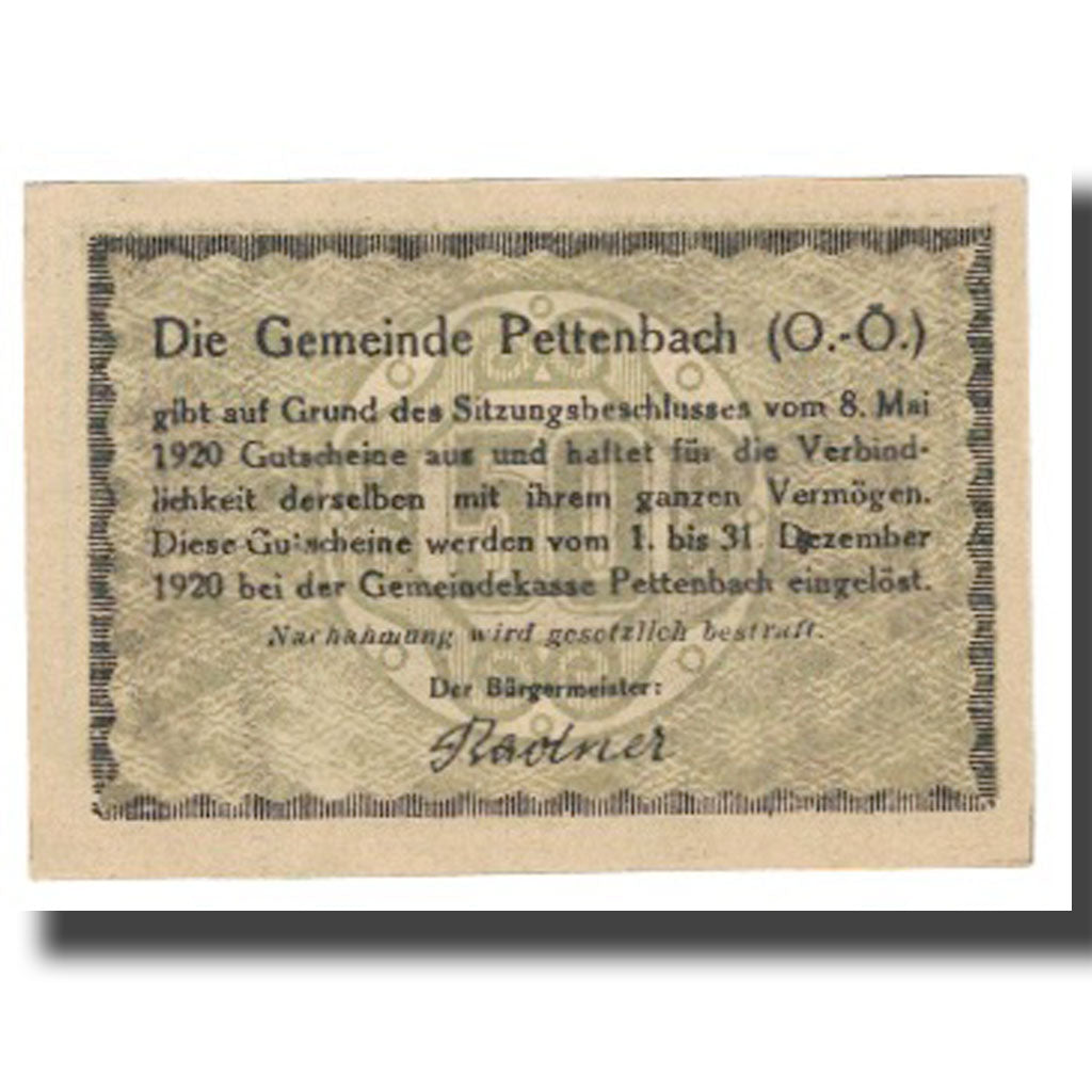 Banknote, Austria, Pettenbach O.Ö. Gemeinde, 50 Heller, paysage, 1920