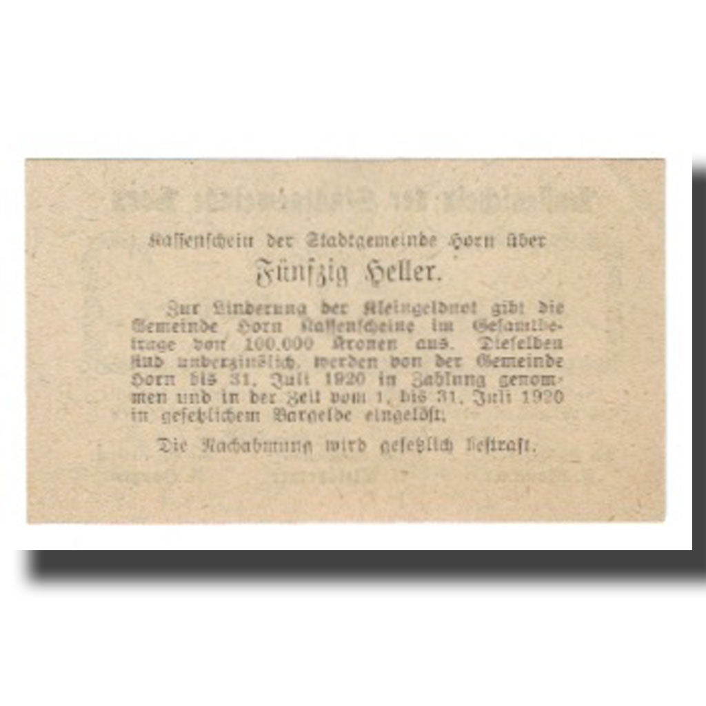 Banknote, Austria, Horn, 50 Heller, paysage, 1920, 1920-01-25, UNC(65-70)