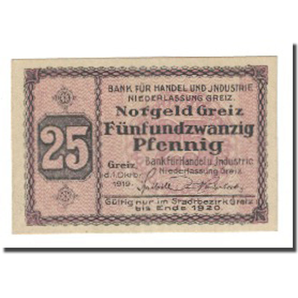 Banknote, Germany, Greiz,, 25 Pfennig, château, 1920, Bank für Handel und