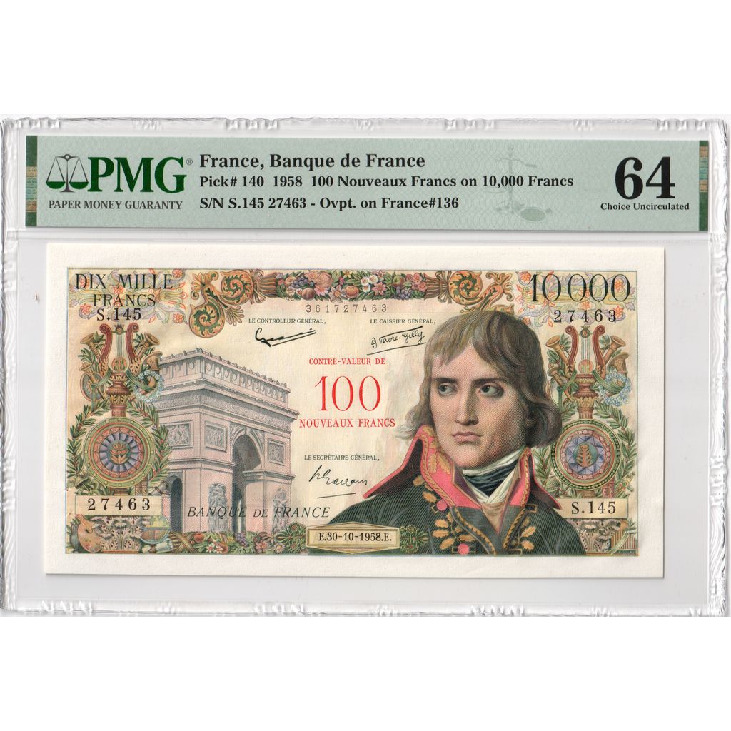 França, 100 Nouveaux Francs on 10,000 Francs, 1958-10-30, S.145, UNC(63)