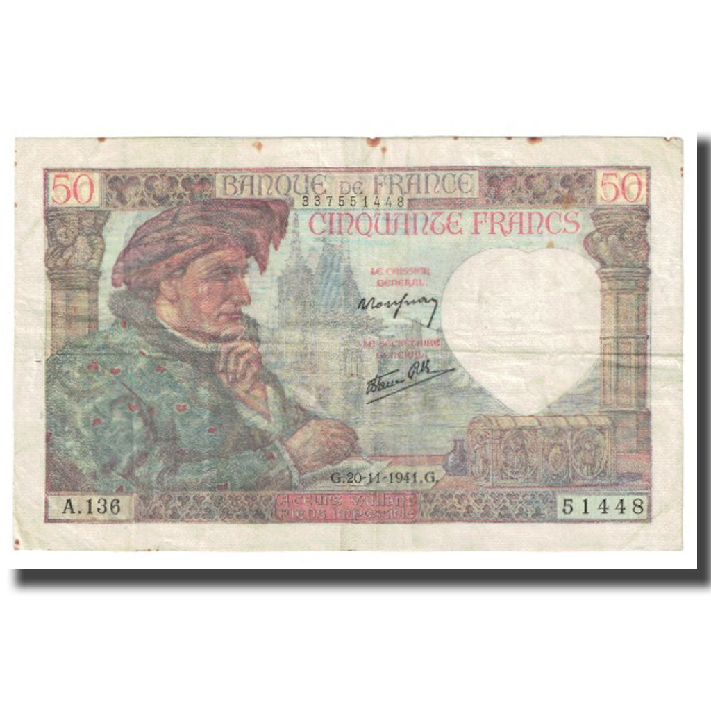 France, 50 Francs, 1941, P. Rousseau and R. Favre-Gilly, 1941-11-20, VF(30-35)