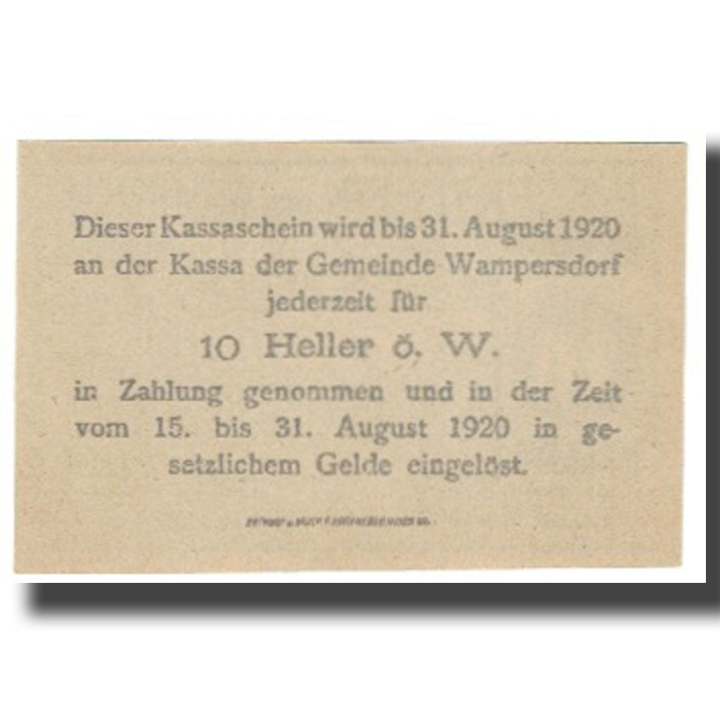 Banknote, Austria, Wampersdorf, 10 Heller, village, 1920, 1920-08-31