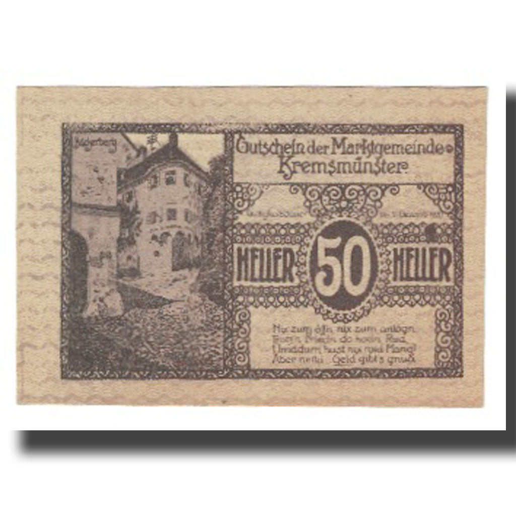 Banknote, Austria, Kremsmunster, 50 Heller, château, 1920, 1920-12-31