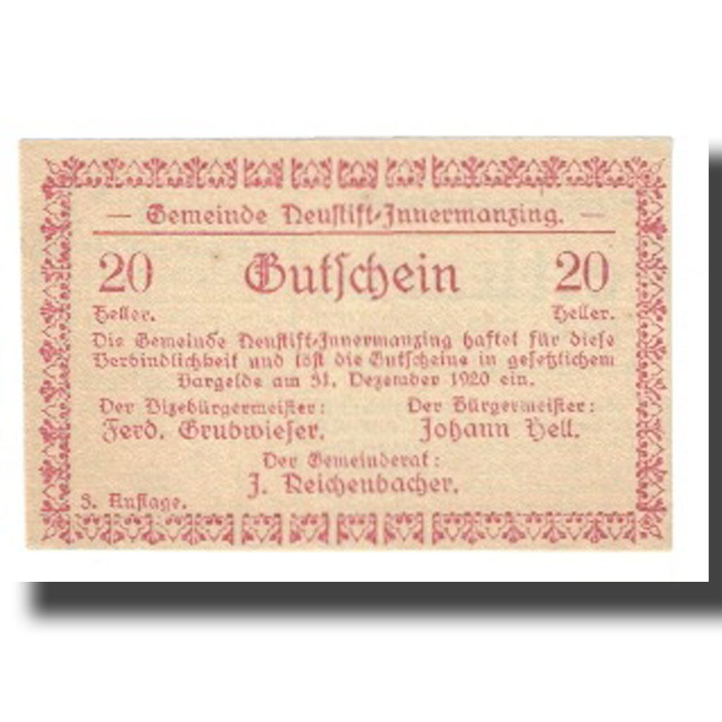 Geldschein, Österreich, Neustift-Innermanzing N.Ö. Gemeinde, 20 Heller, Texte