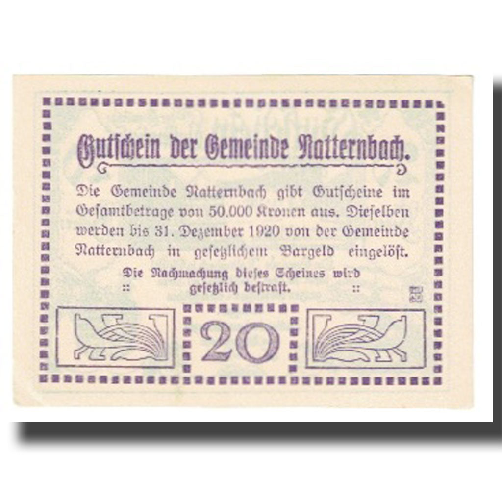 Banknote, Austria, Natternbach, 20 Heller, paysage, 1920, 1920-12-31, UNC(63)