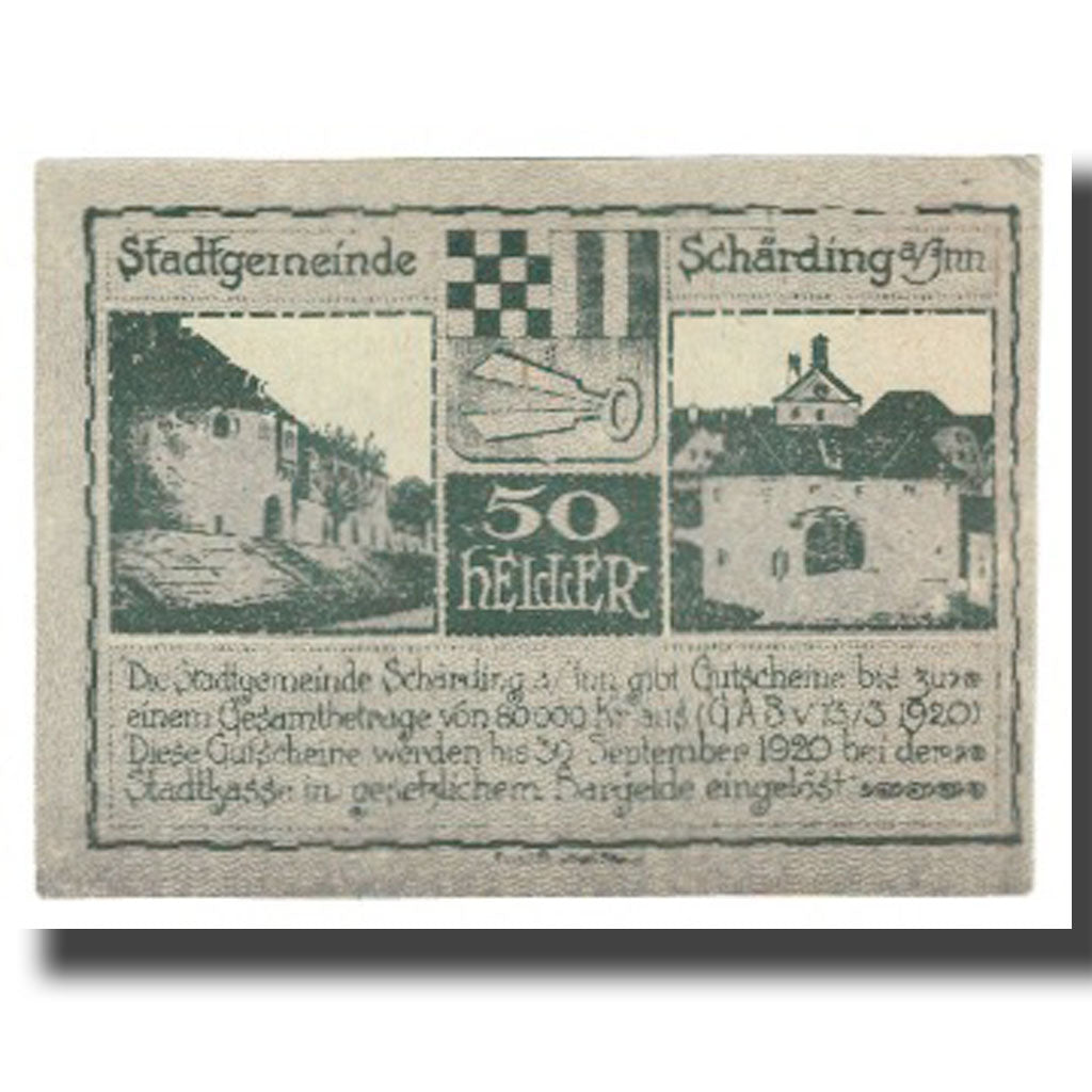 Banknote, Austria, Schärding O.Ö. Stadtgemeinde, 50 Heller, village, 1920