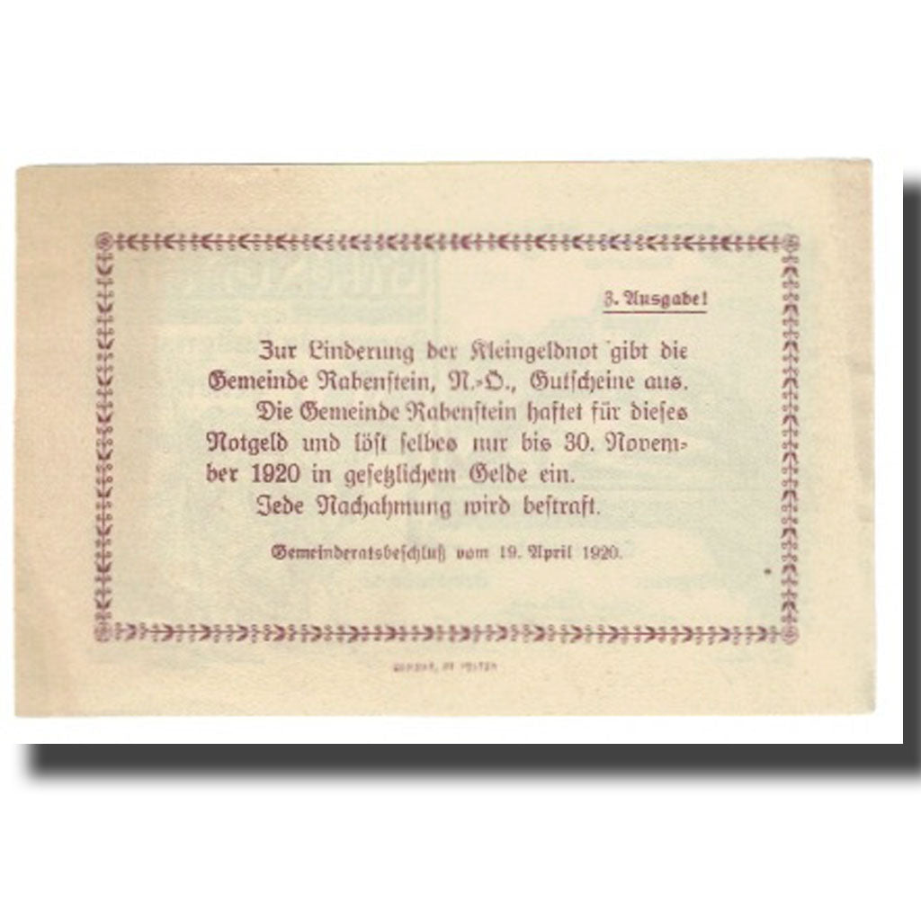 Banknot, Austria, Rabenstein N.Ö. Gemeinde, 50 Heller, paysage, 1920