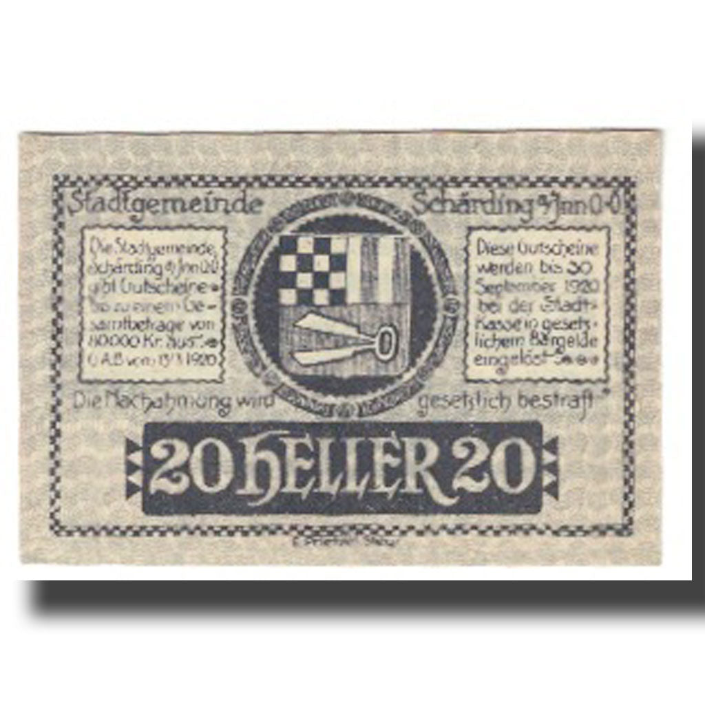 Banknote, Austria, Schärding, 20 Heller, paysage, 1920, 1920-08-30, UNC(65-70)