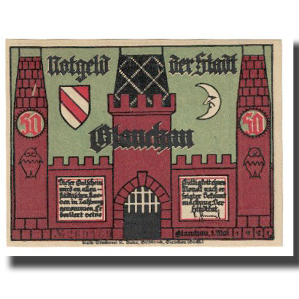 Banknote, Germany, Glauchau, 50 Pfennig, château, 1921, 1921-05-01, UNC(65-70)