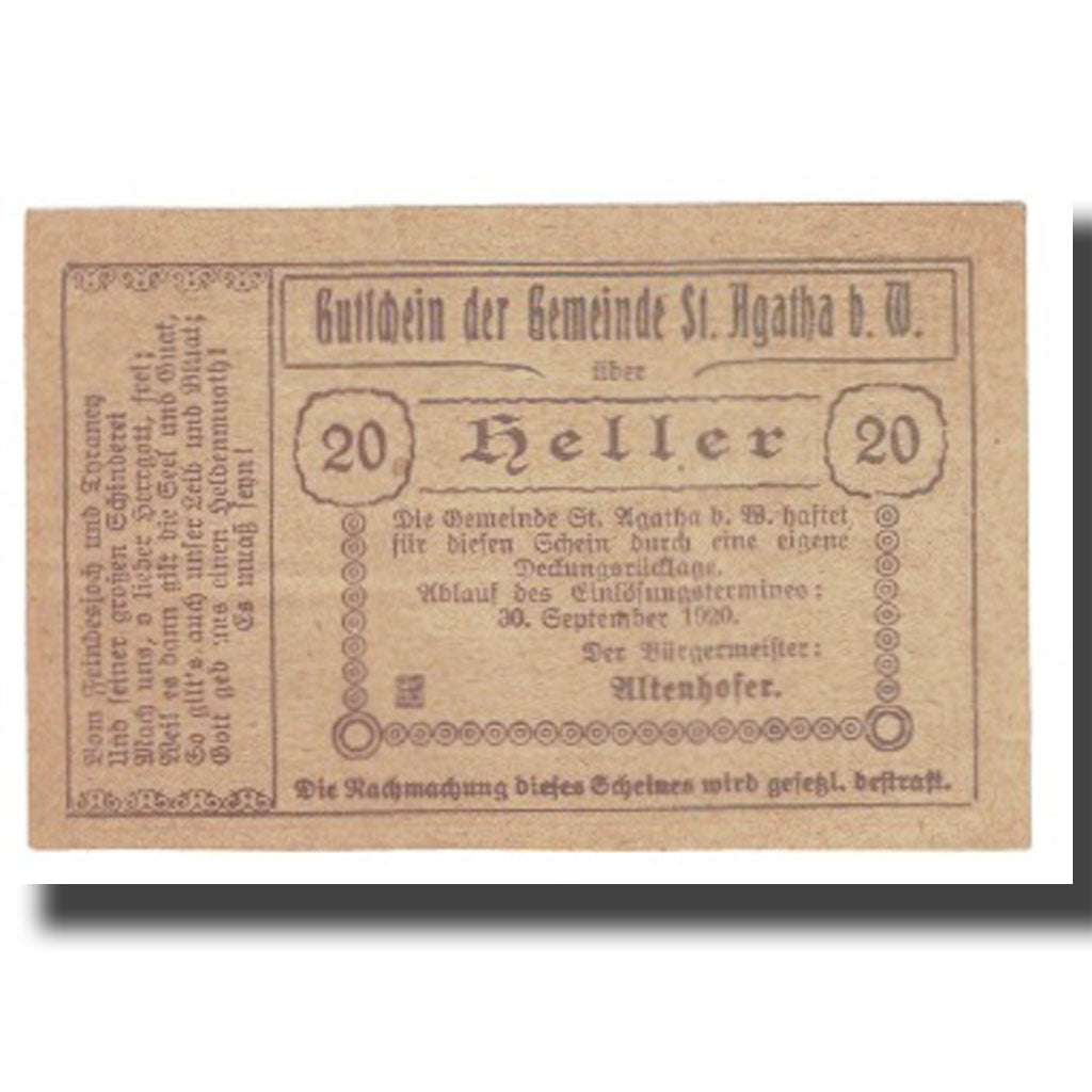 Banknot, Austria, St. Agatha Bei Weizenkirchen O.Ö. Gemeinde, 20 Heller