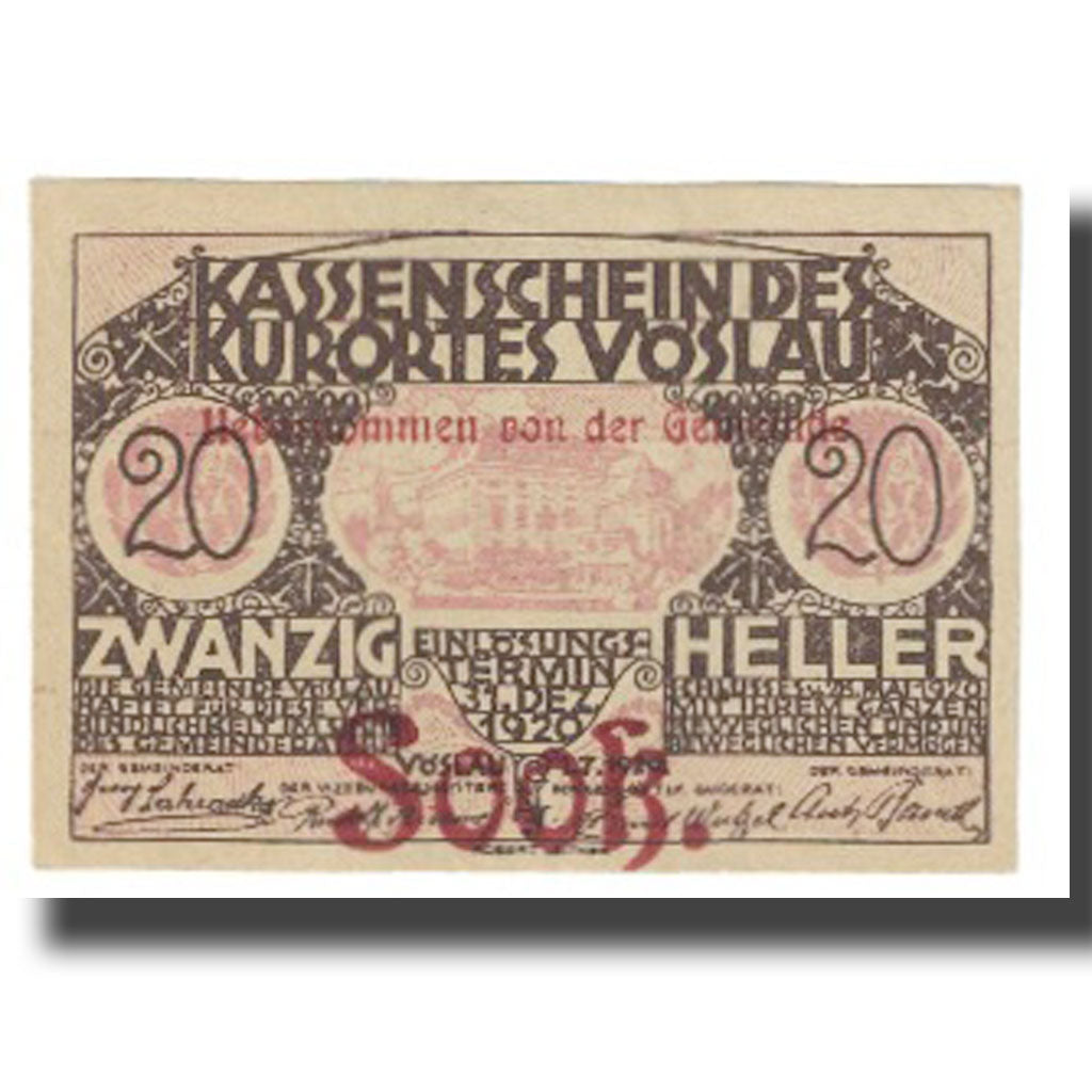 Banknote, Austria, Vöslau N.Ö. Gemeinde, 20 Heller, Blason, 1920, 1920-12-31