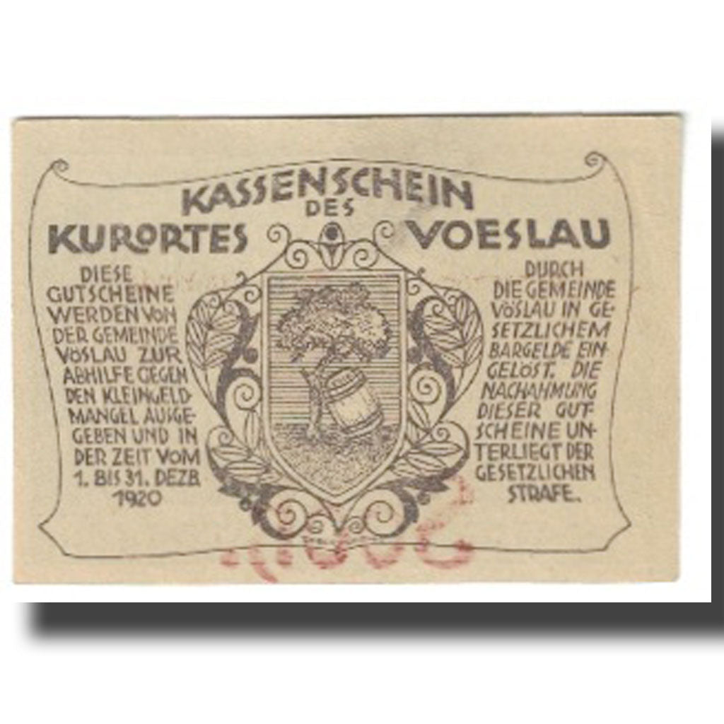 Banknote, Austria, Vöslau N.Ö. Gemeinde, 20 Heller, Blason, 1920, 1920-12-31