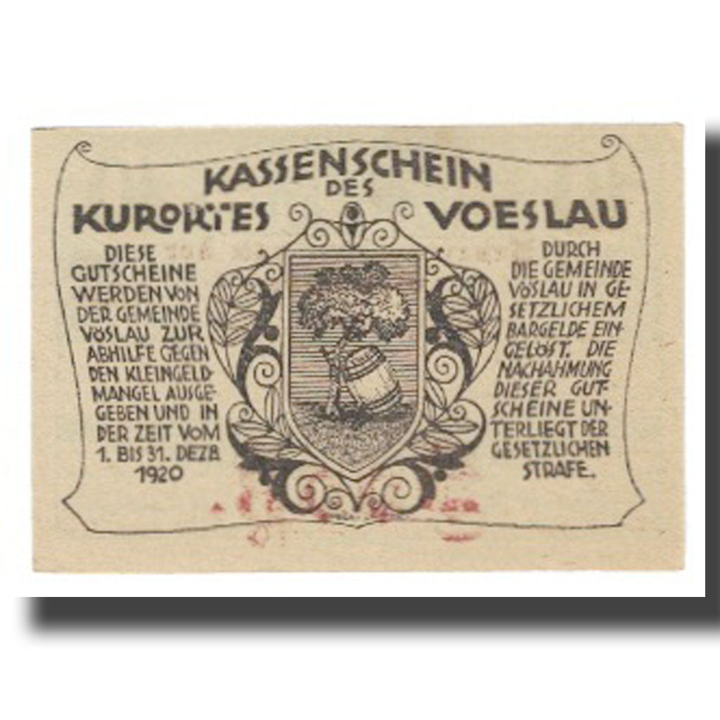 Banknote, Austria, Vöslau N.Ö. Gemeinde, 10 Heller, Blason, 1920, 1920-12-31