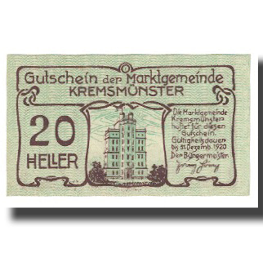 Banknote, Austria, Kremsmunster, 20 Heller, Batiment, 1920, 1920-12-31