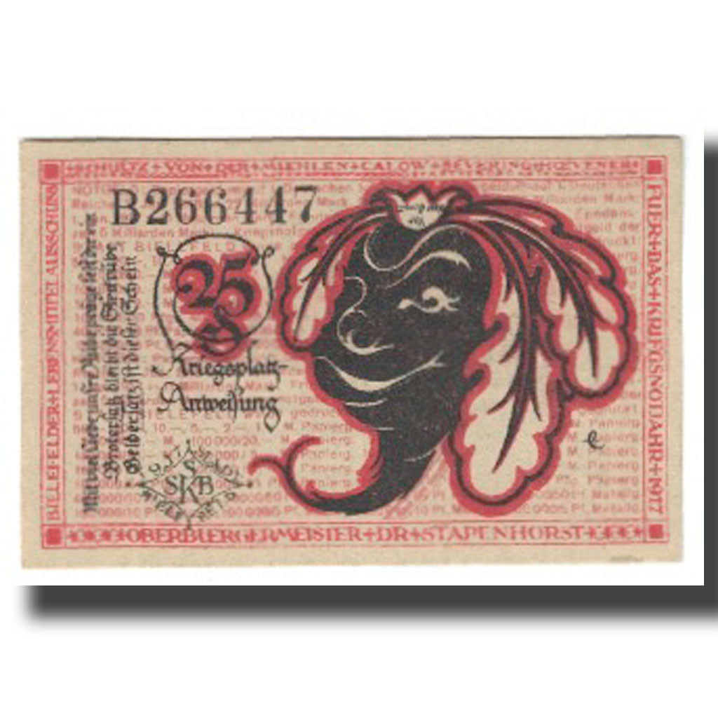 Banknot, Niemcy, Bielefeld, 25 Pfennig, personnage, 1917, 1917-07-01