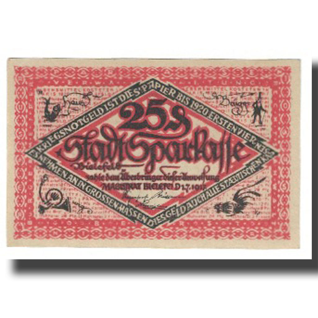 Banknot, Niemcy, Bielefeld, 25 Pfennig, personnage, 1917, 1917-07-01