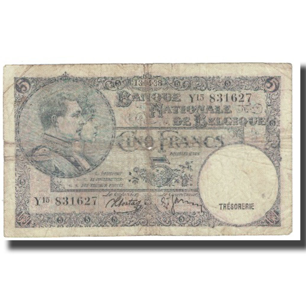 Billet, Belgique, 5 Francs, 1938, KM:108a, TB